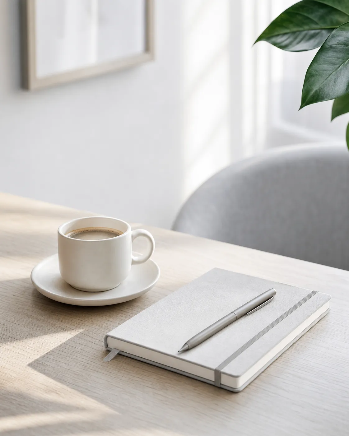 Une tasse de café et un carnet fermé sur une table claire.