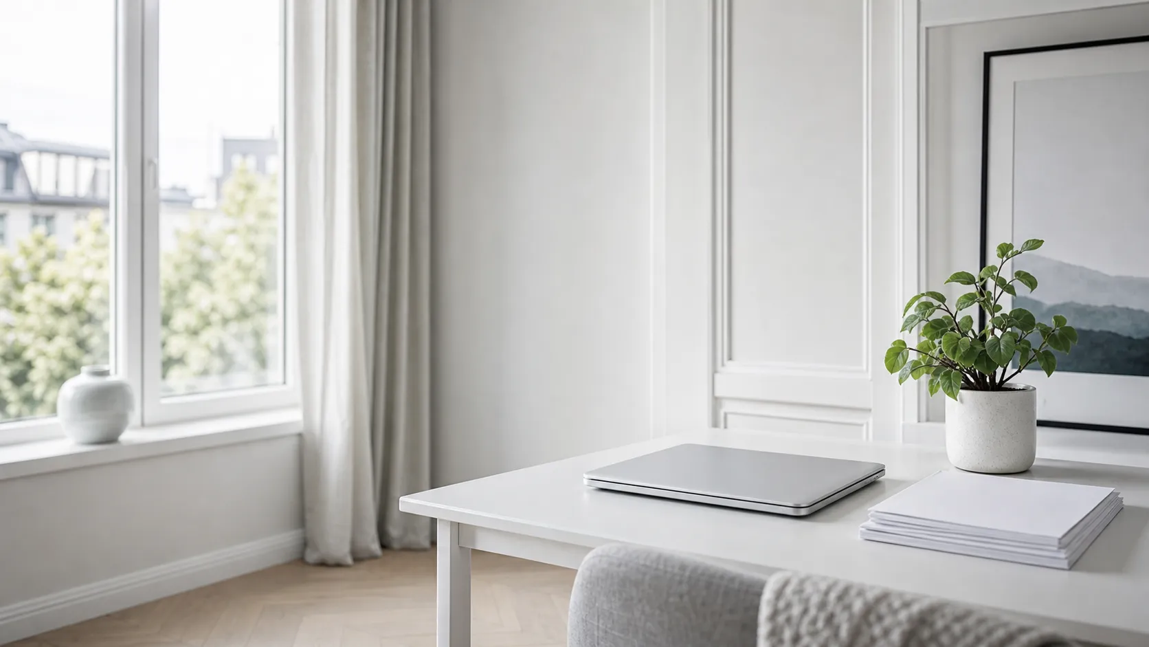Un bureau blanc près d'une grande fenêtre, avec un ordinateur fermé, une pile de papiers rangée et une plante verte.