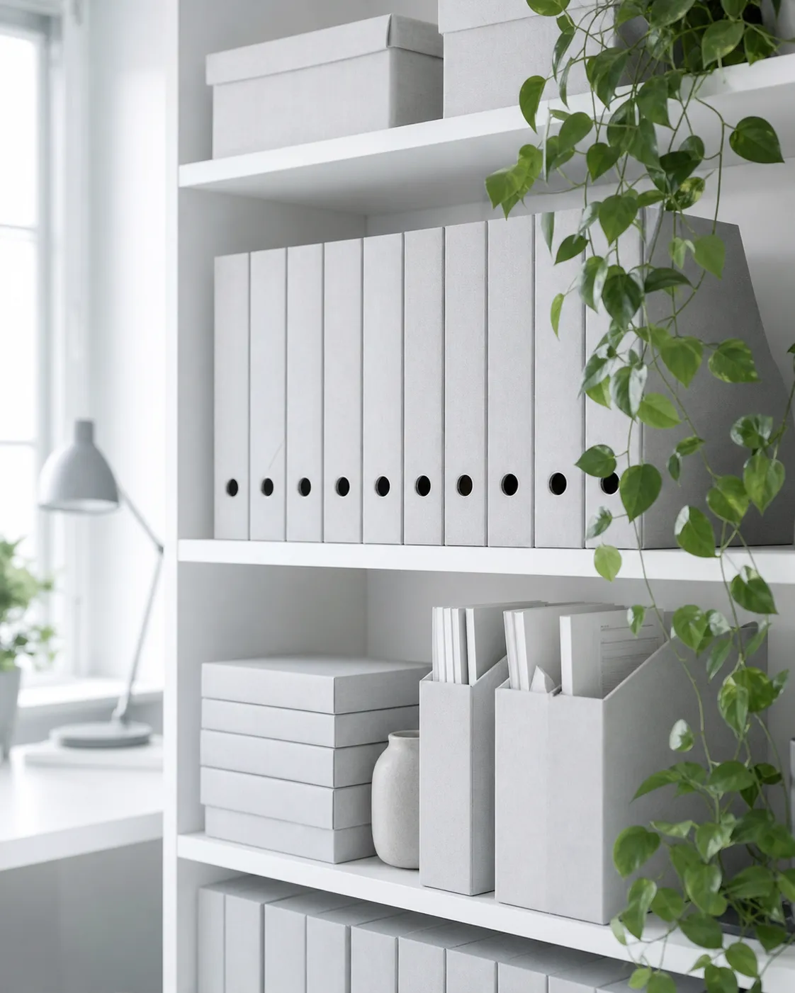 Une étagère blanche avec des boîtes de rangement alignées et une plante.